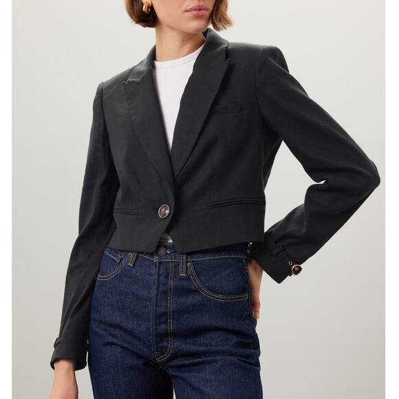 Veronica Beard Girard Cropped Blazer Black One Button Collared Linen Blend Sz 6 - Picture 1 of 13